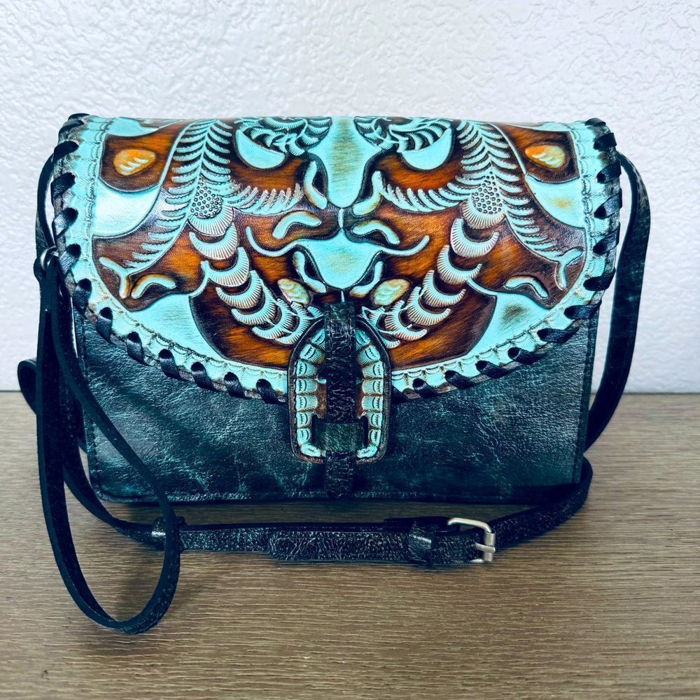 Patricia Nash Lanza Turquoise Blue Brown Floral Tooled Crossbody Purse Bag